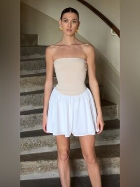 Meshki Beige Strapless Bodice with White Skirt Mini Dress